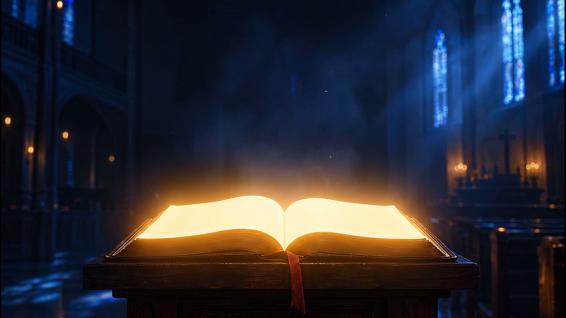 An open Bible glowing with golden light on a wooden pulpit