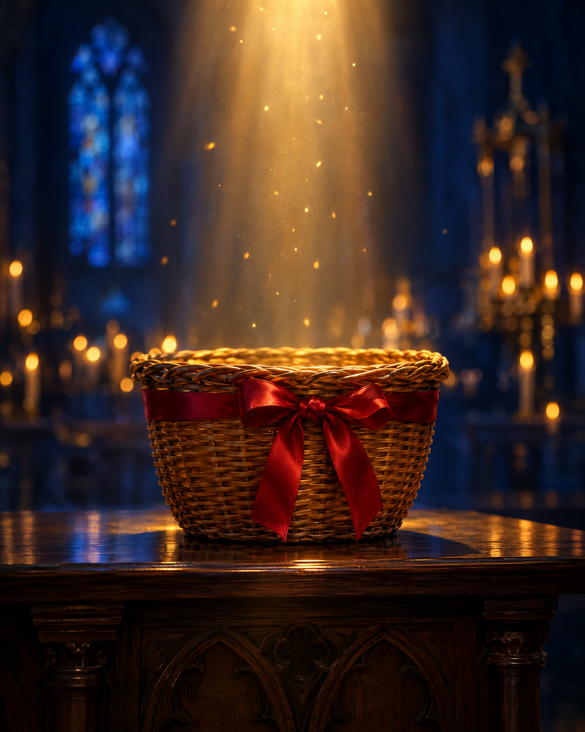 A woven offering basket tied with a red ribbon in warm golden light
